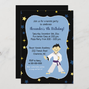 Invitación Boy Karate Cumpleaños Correa Púrpura Pelo Oscuro