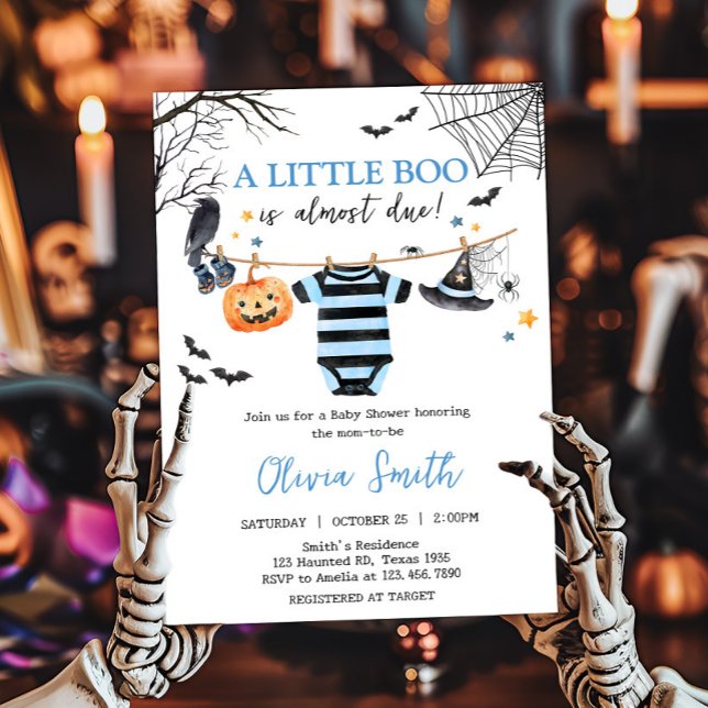 Invitación Boy Little Boo Halloween Pumpkin Baby Shower (Boy Little Boo Halloween Pumpkin Baby Clothesline Baby Shower Invitation)