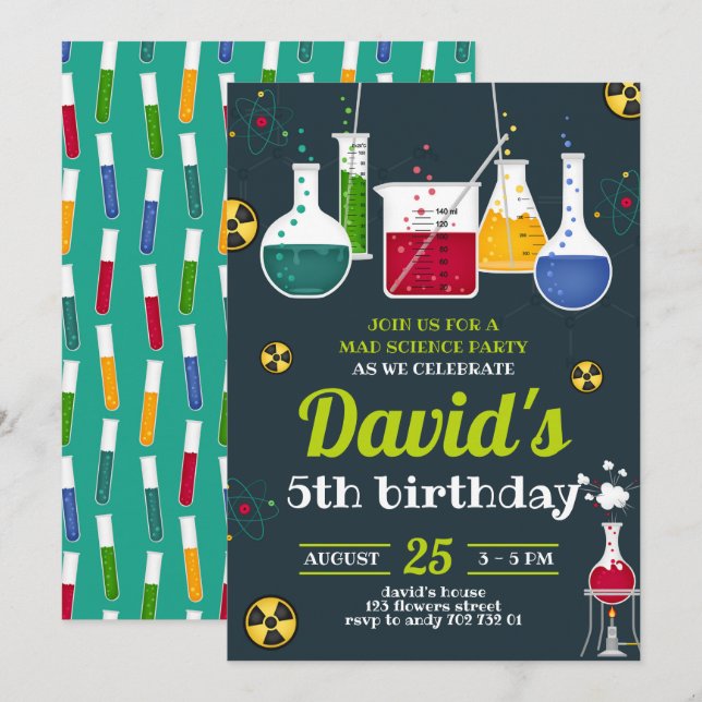 Invitación Boy Mad Scientist Precaución Fiesta de Cumpleaños (Anverso / Reverso)