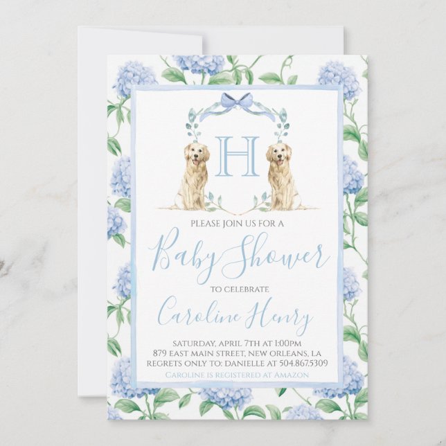Invitación Boy Monogram Baby Shower Southern Blue Dog (Anverso)