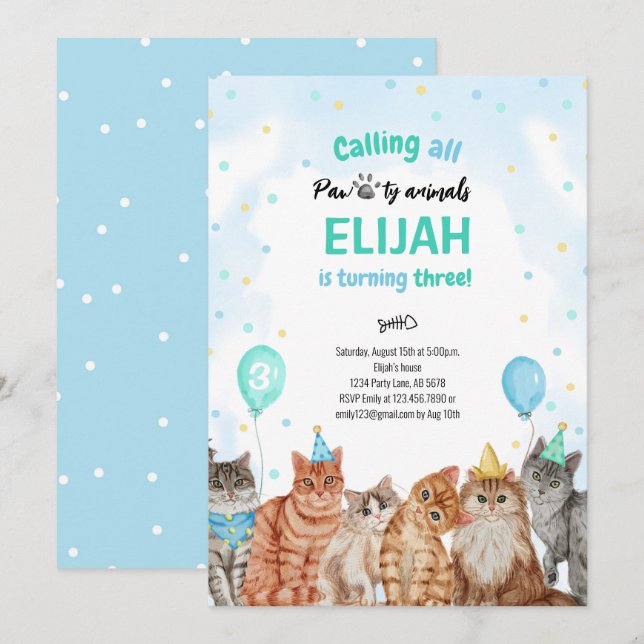 Invitación Boy Nacimiento de Animales De La Patada Del Gato (Anverso / Reverso)