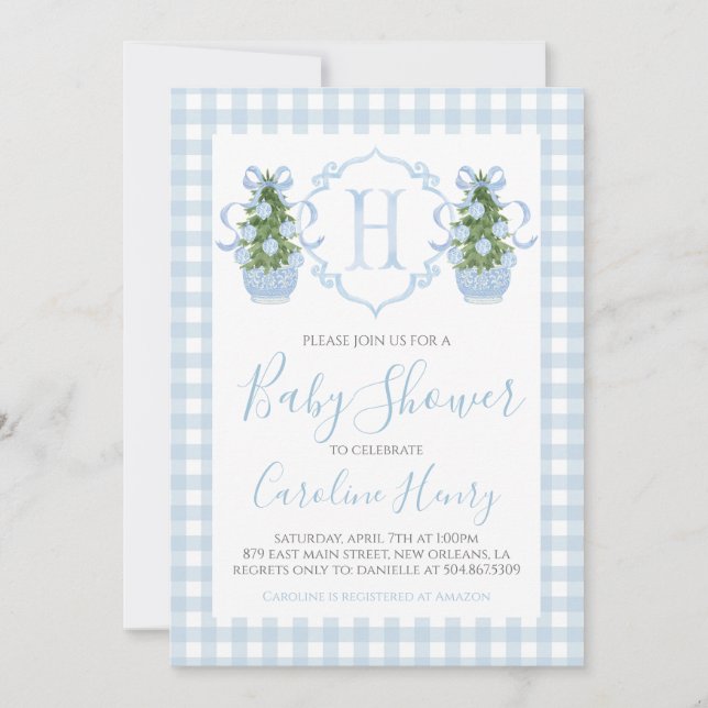 Invitación Boy Navidades Baby Shower Preppy Gingham Blue (Anverso)