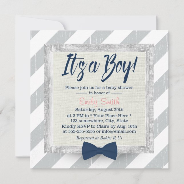 Invitación Boy Navy Blue Bow Tie Rayas Gris Baby Shower #2 (Anverso)