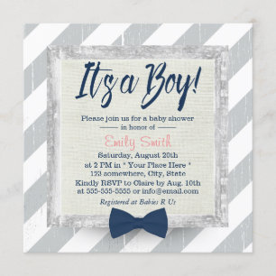 Invitación Boy Navy Blue Bow Tie Rayas Gris Baby Shower #2