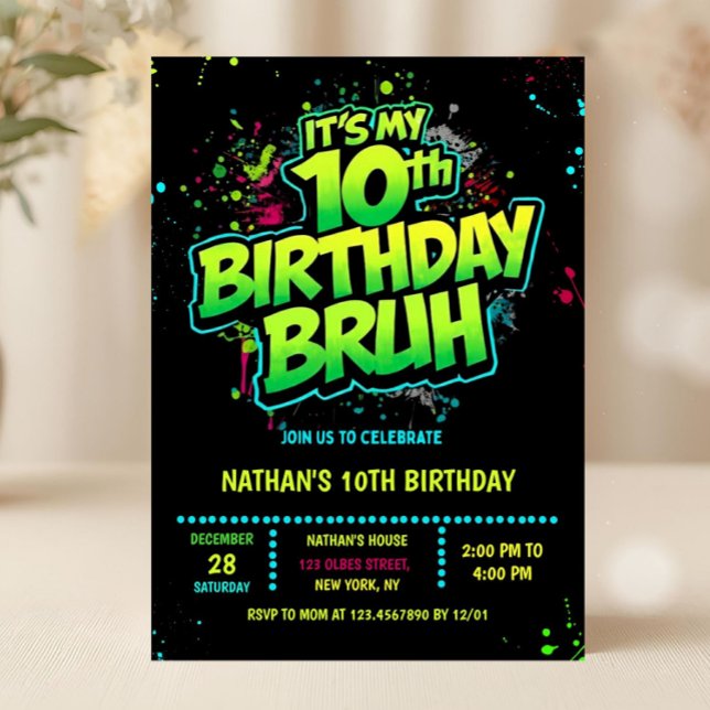 Invitación Boy Neon 10th Birthday Invitation Graffiti Style (neon 10th birthday invitation, double digits birthday invitation, editable double digits invitation,)