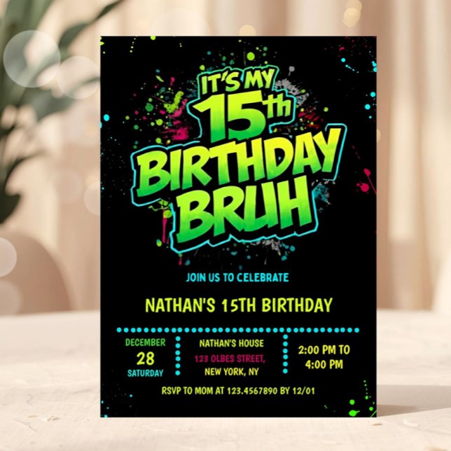 Invitación Boy Neon 15th Birthday Invitation Graffiti Style (neon 15th birthday invitation, fifteen birthday invitation, editable 15th birthday invitation, neon )