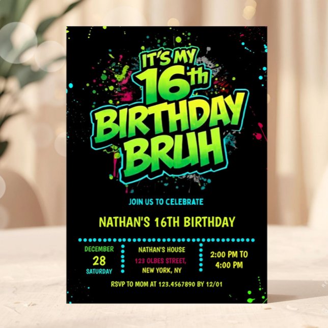 Invitación Boy Neon 16th Birthday Invitation Graffiti Style (neon 16th birthday invitation, sixteen birthday invitation, editable 16th birthday invitation, neon )