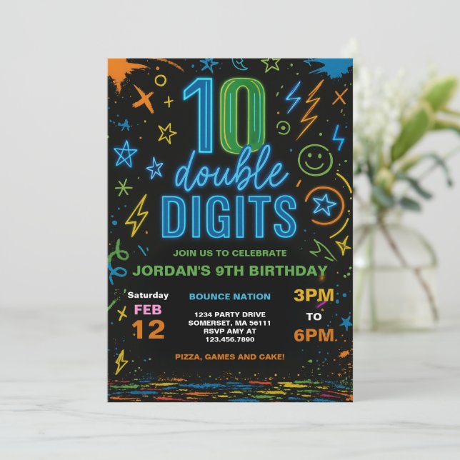 Invitación Boy Neon Doble Dígito 10 cumpleaños (Anverso de pie)