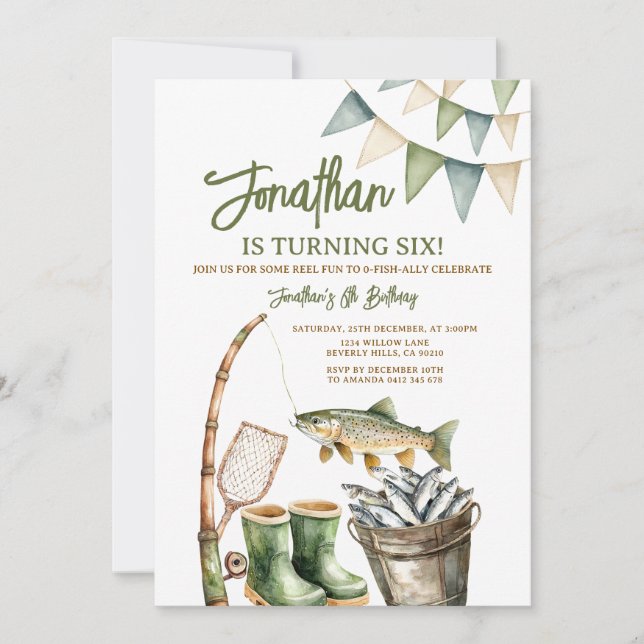 Invitación Boy O-Fish-Ally Birthday Sage Green Gingham Party (Anverso)
