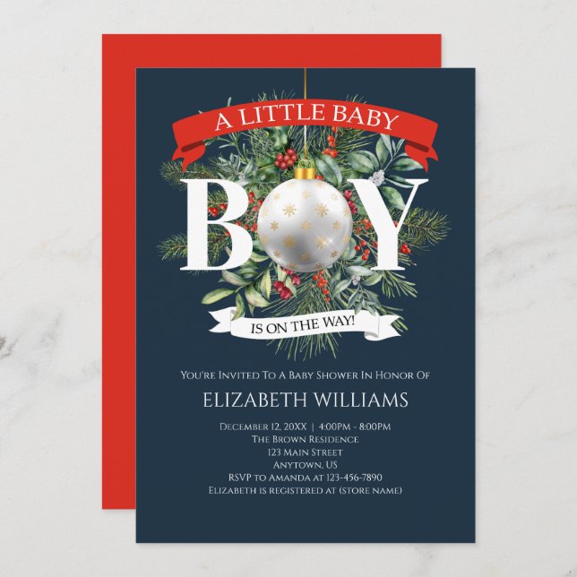 Invitación Boy On the Way Navidades Greenery Baby Shower (Anverso / Reverso)