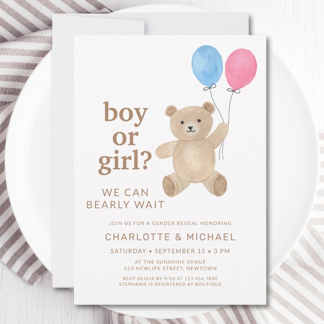Invitación Boy Or Girl Teddy Bear Balloons Gender Reveal (Subido por el creador)