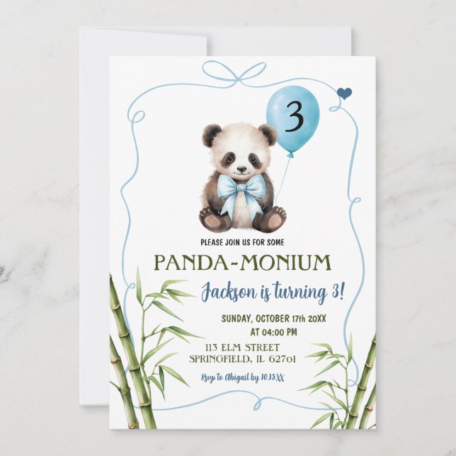 Invitación Boy Panda con el cumpleaños dibujado a mano azul B (Anverso)