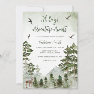 Invitación Boy Pine Tree Deer Mountain Forest Baby Shower