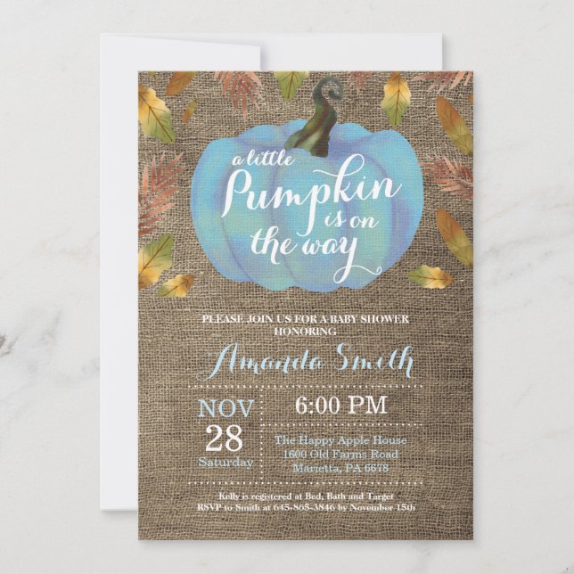 Invitación Boy Pumpkin Cae Baby Shower Azul y Burlap (Anverso)