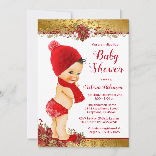Invitación Boy Red Gold Navidades Baby Shower Brunette (Anverso)