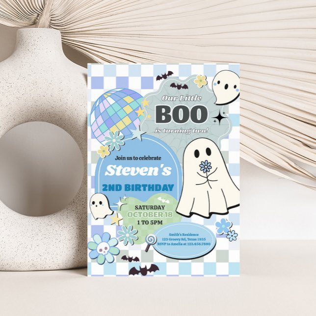 Invitación Boy Retro Groovy Little Boo Birday Party (Retro Groovy Little Boo Birthday Party Invitation)