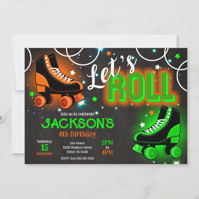 Invitación Boy Roller Skating Birthday Party Neon Glow (Anverso)