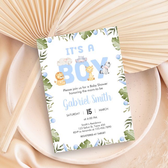 Invitación Boy Safari Animal Baby Shower  (Safari Jungle Animals Baby Shower Invitation)