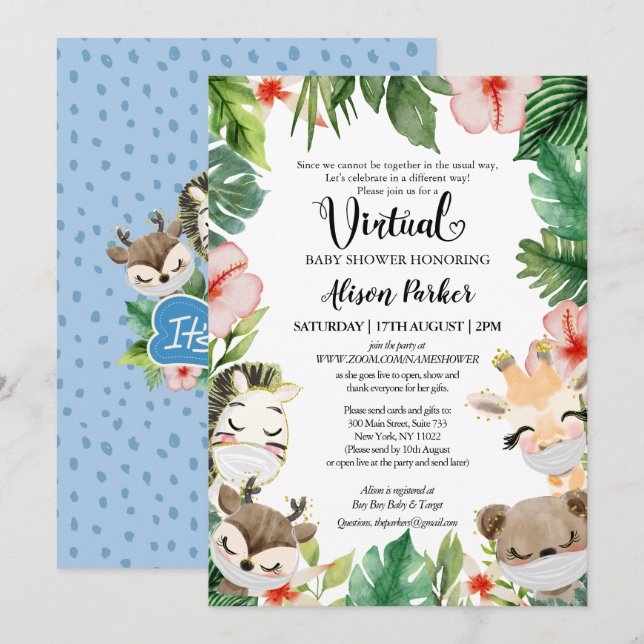 Invitación Boy Safari Animales Jungle Greenery Virtual Shower (Anverso / Reverso)