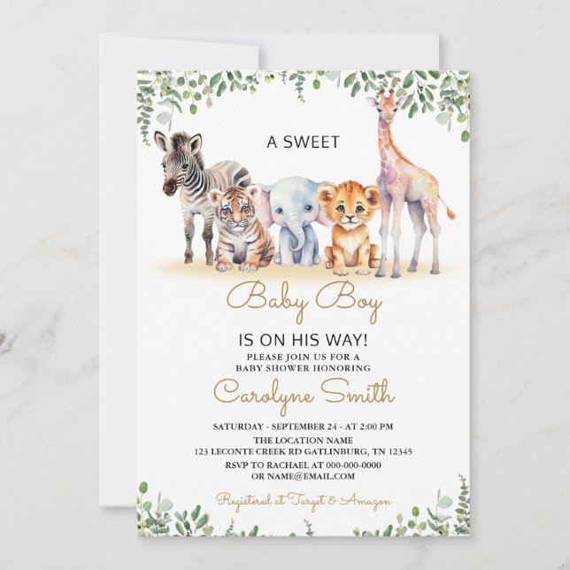 Invitación Boy Safari Animals Greenery Jungle Baby Shower (Anverso)