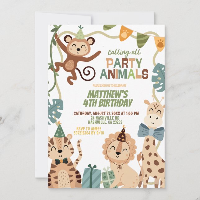 Invitación Boy Safari Birthday party animals invitation (Anverso)