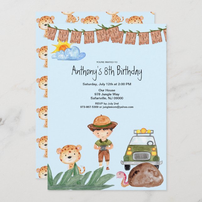 Invitación Boy Safari Con Jeep En El Cumpleaños De La Selva (Anverso / Reverso)