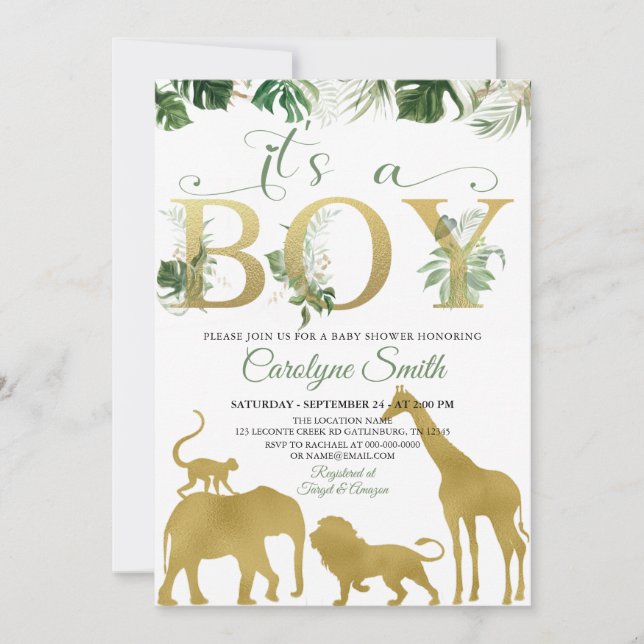 Invitación Boy Safari Jungle Animals Gold Baby Shower (Anverso)