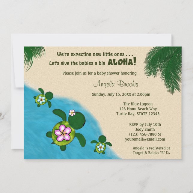 Invitación BOY Sea TURTLE Baby Shower Invite TWIN (Honu) 02C (Anverso)