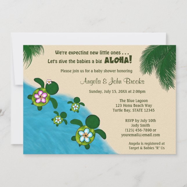 Invitación BOY Sea TURTLE Baby Shower Invite TWIN (Honu) 02D (Anverso)
