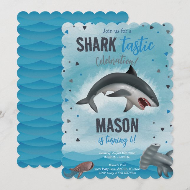 Invitación Boy Shark Birthday Shark Tastic Celebración (Anverso / Reverso)