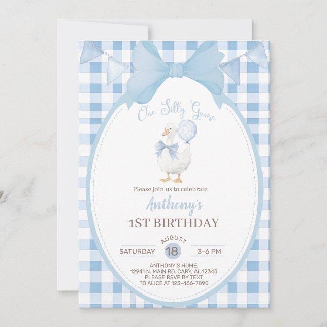 Invitación Boy Silly Goose 1st first birthday invite, goose. (Anverso)