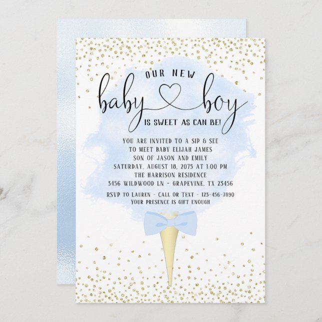 Invitación Boy Sip y See Cotton Candy Baby Shower (Anverso / Reverso)