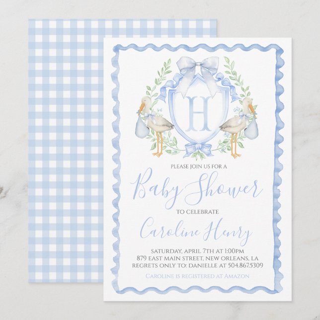 Invitación Boy Stork Baby Shower Preppy Gingham Blue (Anverso / Reverso)