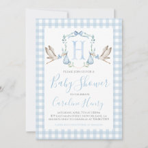 Boy Stork Baby Shower Preppy Gingham Blue