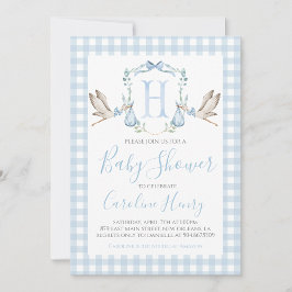Invitación Boy Stork Baby Shower Preppy Gingham Blue