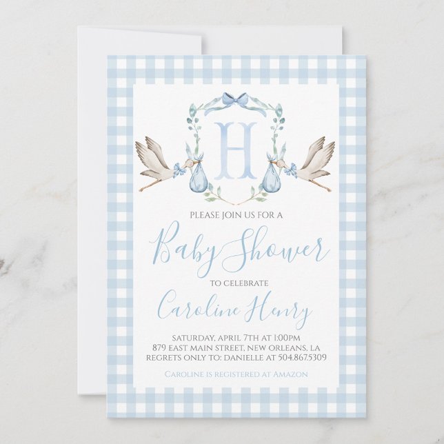Invitación Boy Stork Baby Shower Preppy Gingham Blue (Subido por el creador)