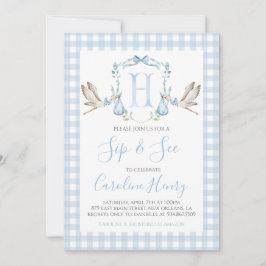 Invitación Boy Stork Baby Sip y See Preppy Gingham Blue