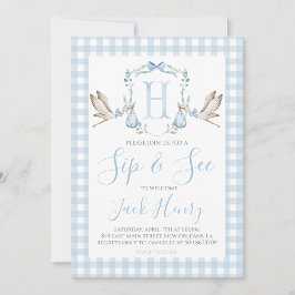 Invitación Boy Stork Preppy Gingham Blue Sip & See