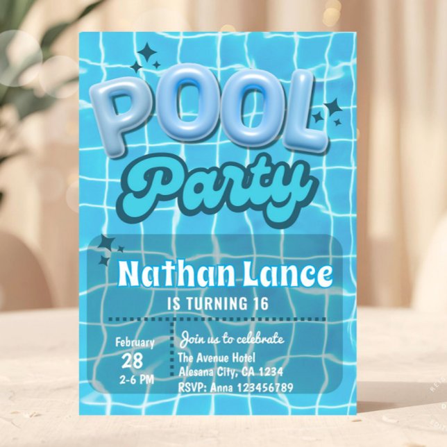 Invitación Boy Summer Blue Pool Birthday Party (pool party invitation, summer birthday invite, teen birthday invitation, sweet 16 pool party, blue w)