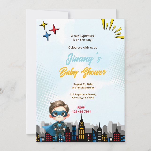 Invitación Boy Superhero Baby Shower (Anverso)