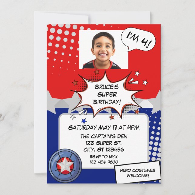 Invitación Boy Superhero, red, white, silver & blue birthday (Anverso)