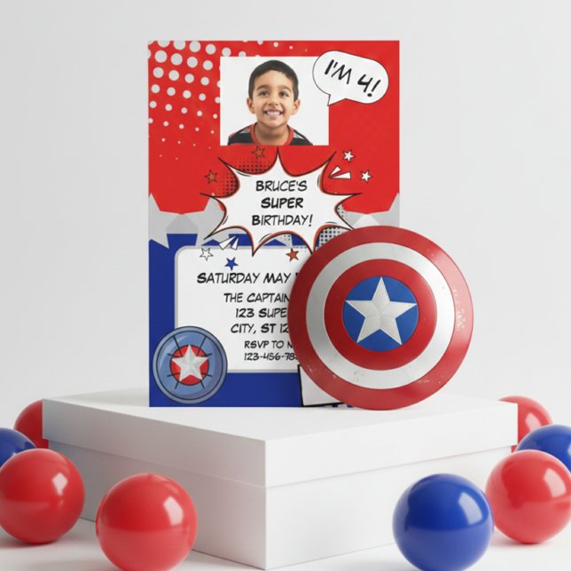 Invitación Boy Superhero, red, white, silver & blue birthday (Subido por el creador)