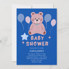 Invitación Boy Sweet Teddy Bear Blue Balloon Baby Shower
