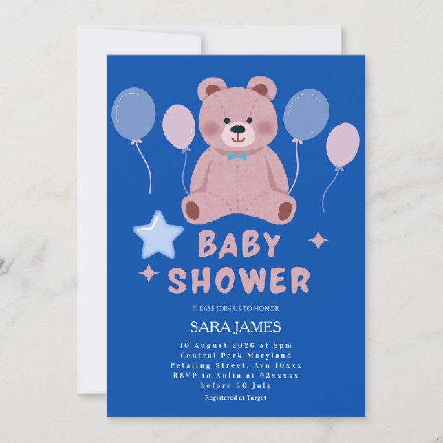 Invitación Boy Sweet Teddy Bear Blue Balloon Baby Shower (Anverso)