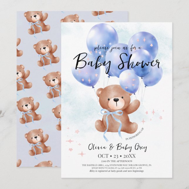 Invitación Boy Teddy Bear Baby Shower  (Anverso / Reverso)