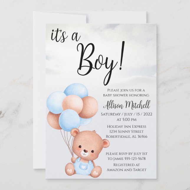 Invitación Boy Teddy Bear Baby Shower (Anverso)