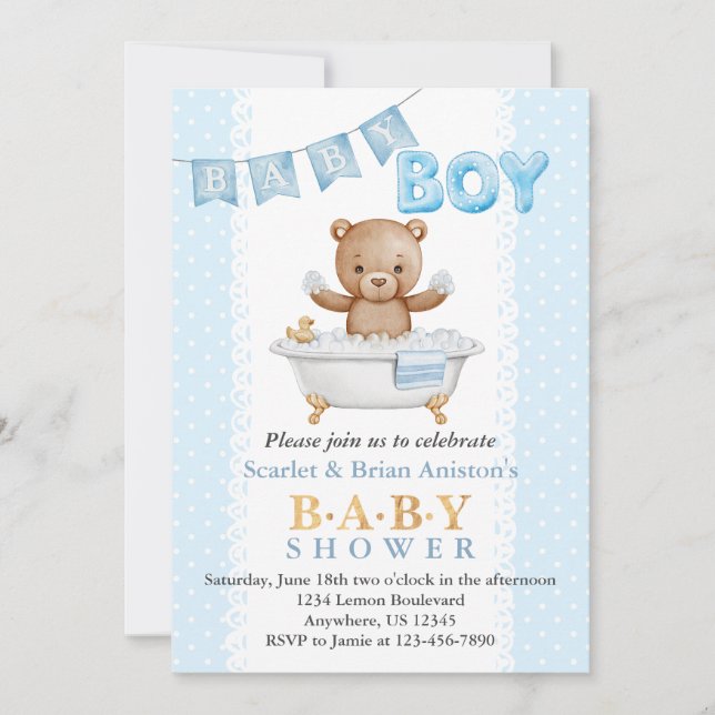 Invitación Boy Teddy Bear Bath Time Baby Shower (Anverso)