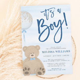Invitación Boy Teddy Bear Blue Balloon Baby Shower