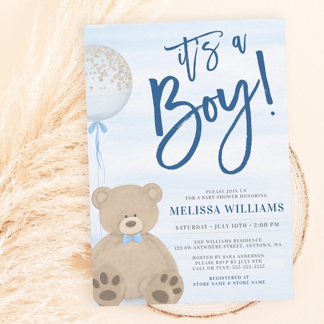 Invitación Boy Teddy Bear Blue Balloon Baby Shower (Subido por el creador)