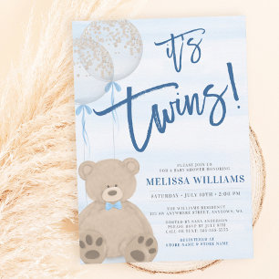 Invitación Boy Teddy Bear Blue Balloon Twins Baby Shower